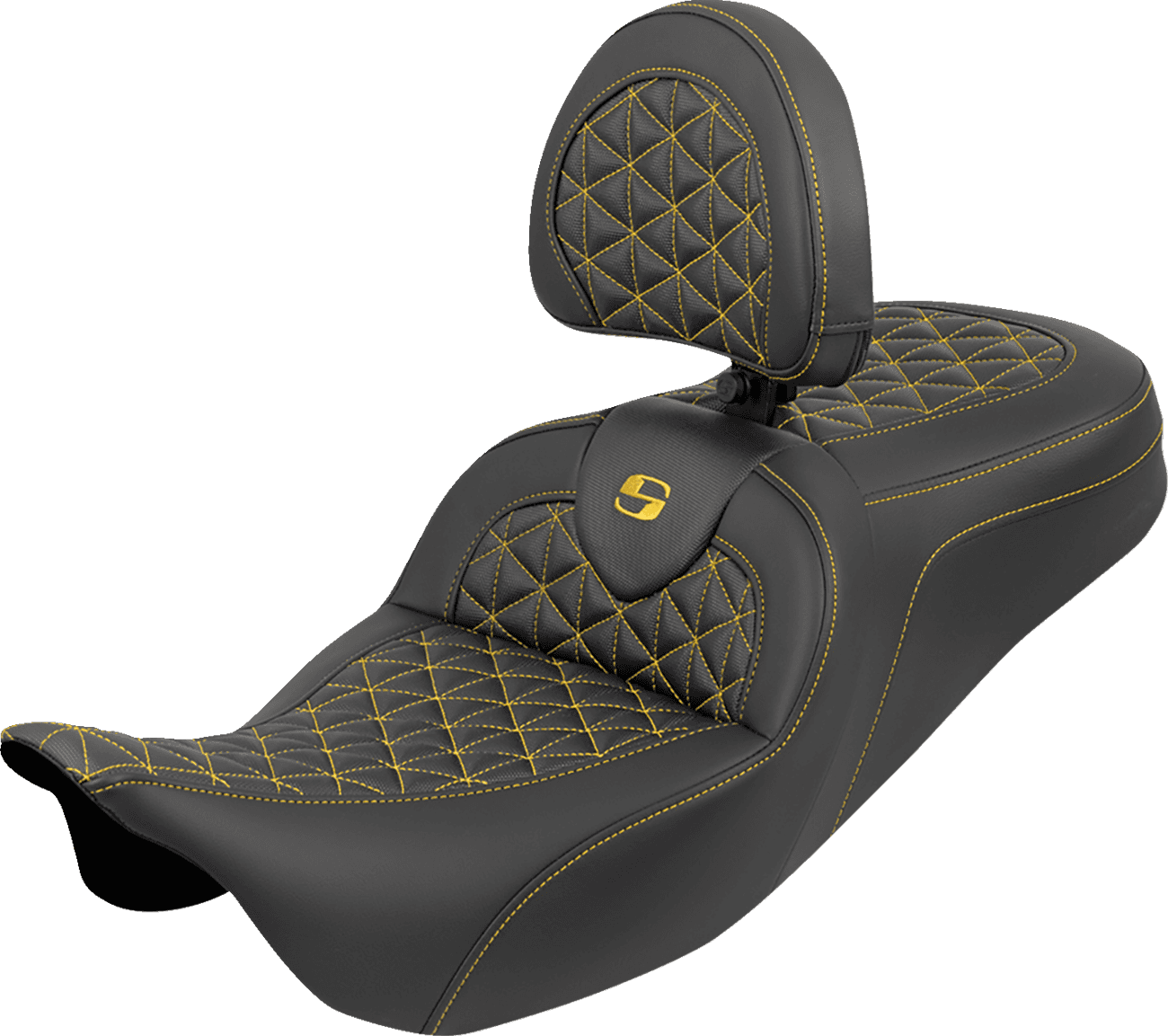 SADDLEMEN 0801-2218 RoadSofa™ Tri Gripper Seat - Standard Reach - Gold Stitch - w/ Backrest - FLH/FLT '08-'25