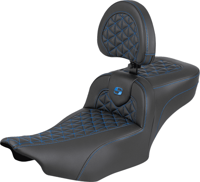 SADDLEMEN 0801-2240 Roadsofa™ Extended Reach Seat - with Backrest - Blue Stitch - FLH/FLT '23-'25