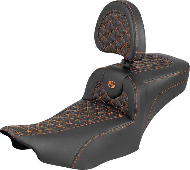 SADDLEMEN 0801-2242 Roadsofa™ Extended Reach Seat - with Backrest - Orange Stitch - FLH/FLT '23-'25