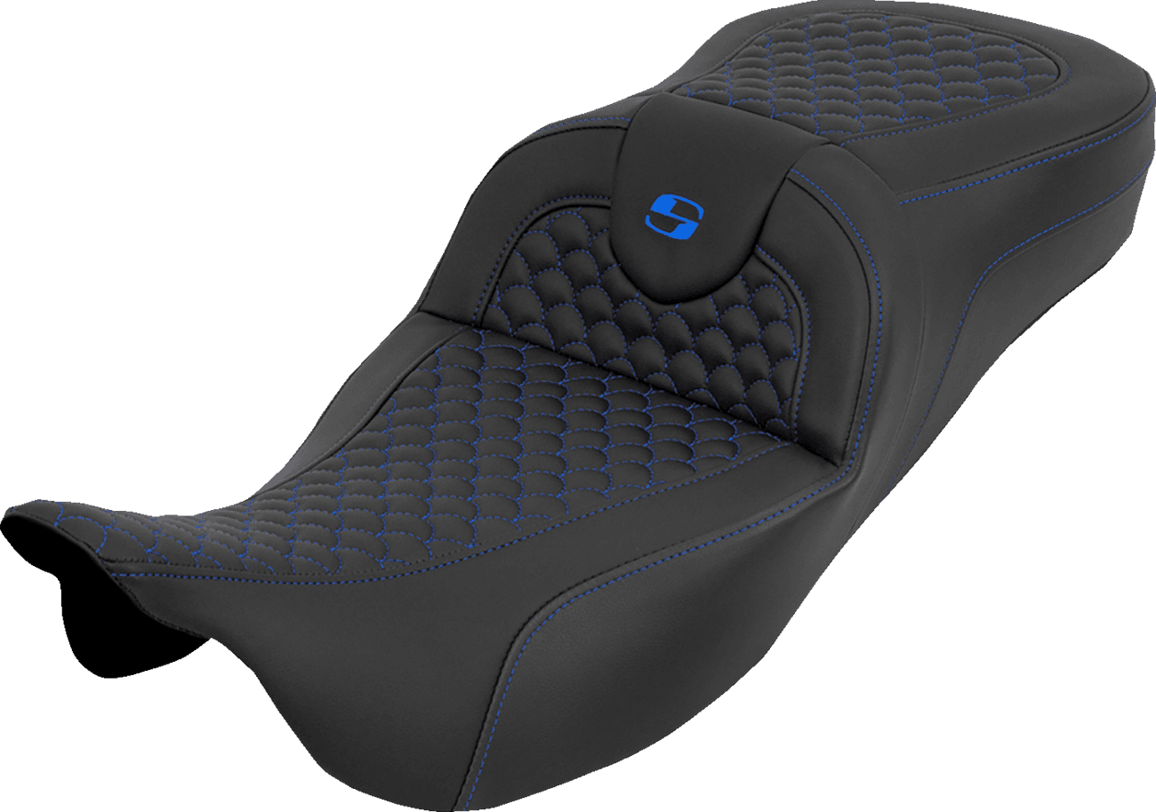 SADDLEMEN 0801-2263 Extended Reach RoadSofa™ Seat - Dragon Scale - w/o Backrest - Blue Stitch - FLH/FLT '08-'25