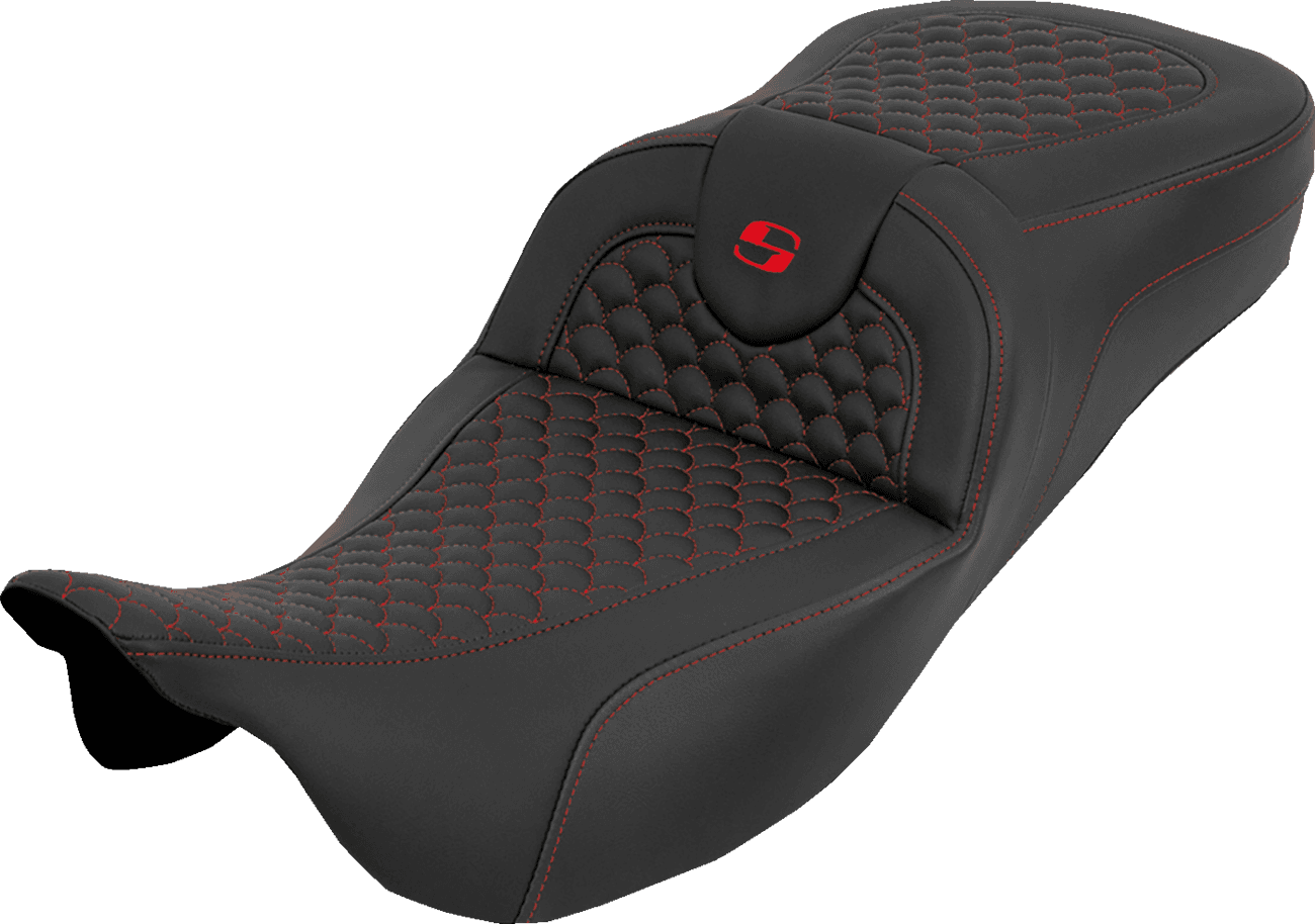SADDLEMEN 0801-2266 Extended Reach RoadSofa™ Seat - Dragon Scale - w/o Backrest - Red Stitch - FLH/FLT '08-'25