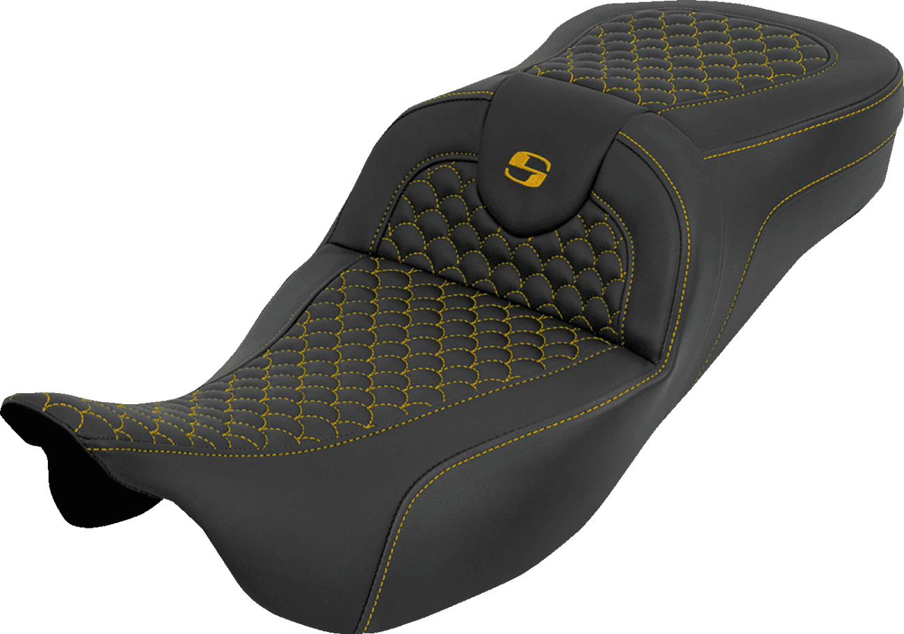 SADDLEMEN 0801-2269 Extended Reach RoadSofa™ Seat - Dragon Scale - w/o Backrest - Gold Stitch - FLH/FLT '08-'25