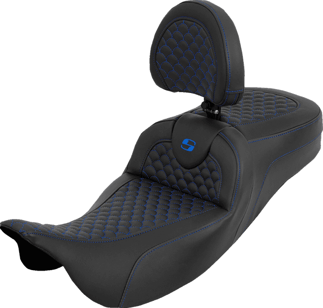 SADDLEMEN 0801-2280 Extended Reach Roadsofa™ Seat - Dragon Scale - Blue Stitch - with Backrest - Touring '08-'25