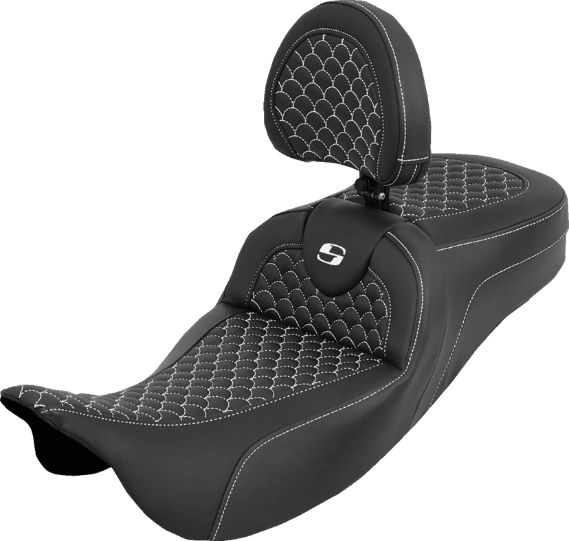 SADDLEMEN 0801-2285 Extended Reach Roadsofa™ Seat - Dragon Scale - White Stitch - with Backrest - Touring '08-'25