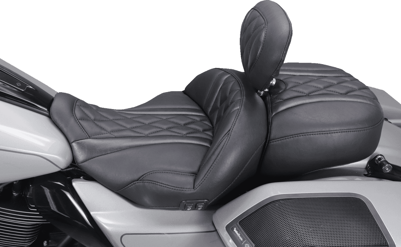 MUSTANG 0801-2313 Heated Super Touring One Piece 2-Up Seat - Deluxe Diamond - Black Stitch - FLT/FLH '23-'26