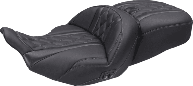 MUSTANG 0801-2316 Heated Super Touring One Piece 2-Up Seat - Deluxe Diamond - Gun Metal Stitch - FLT/FLH '23-'26