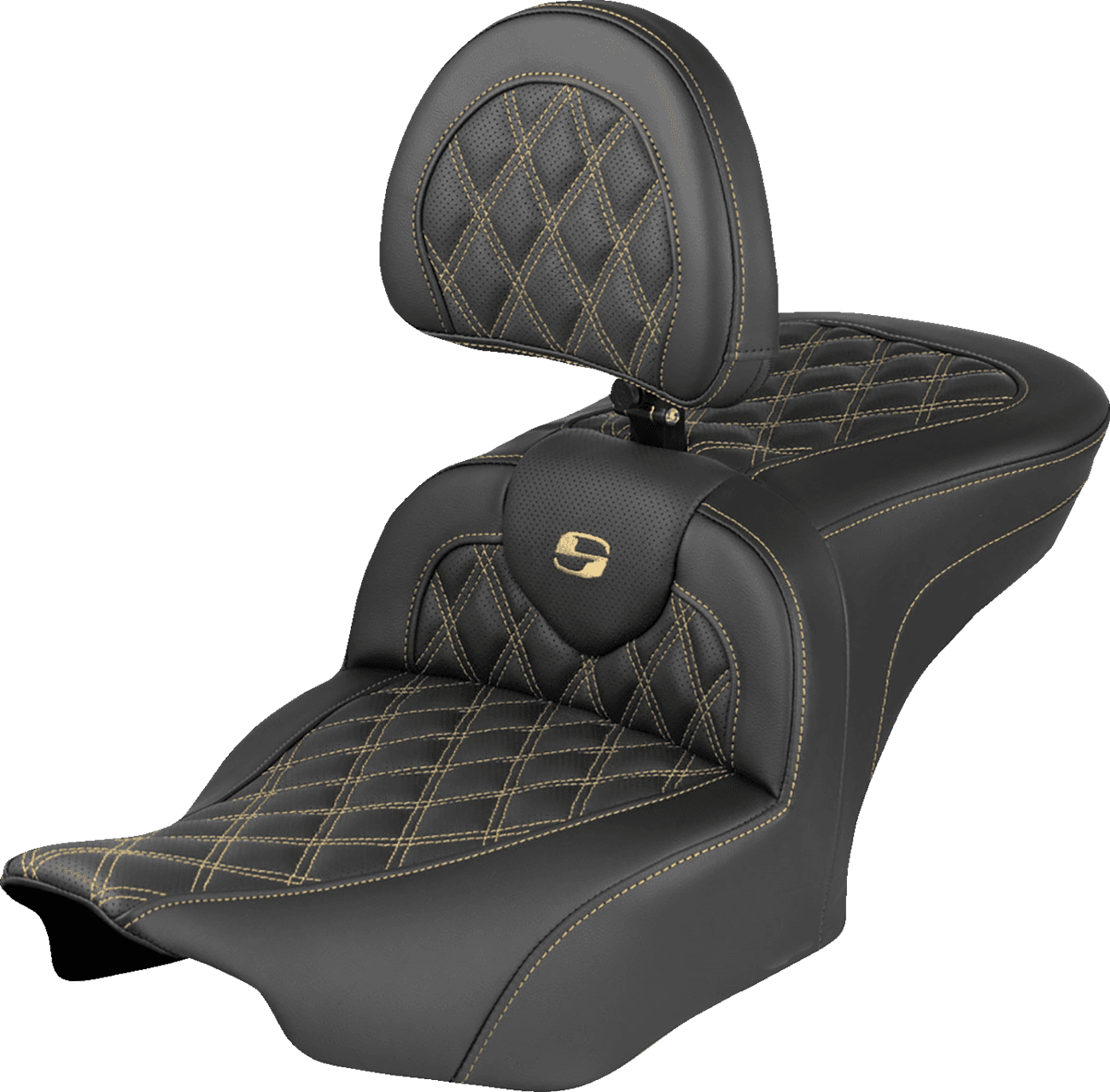 SADDLEMEN 0801-2341 Extended Reach RoadSofa™ Seat - with Backrest - Lattice Stitch - Gold Stitch - FLH/FLT '23-'26