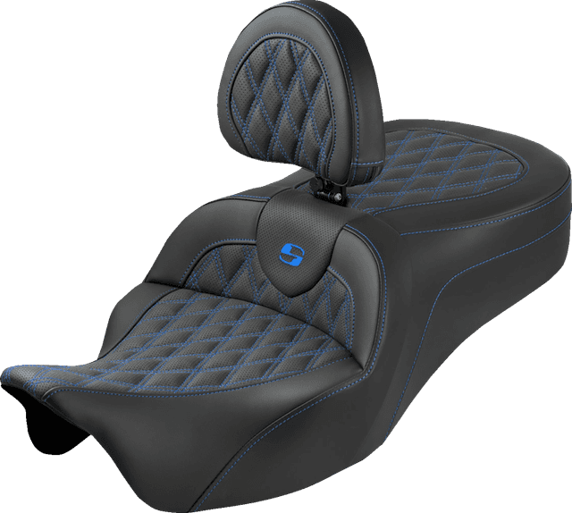 SADDLEMEN 0801-2353 Roadsofa™ King Seat - With Backrest - Lattice Stitch - Blue Stitch - FLH/FLT '08-'25