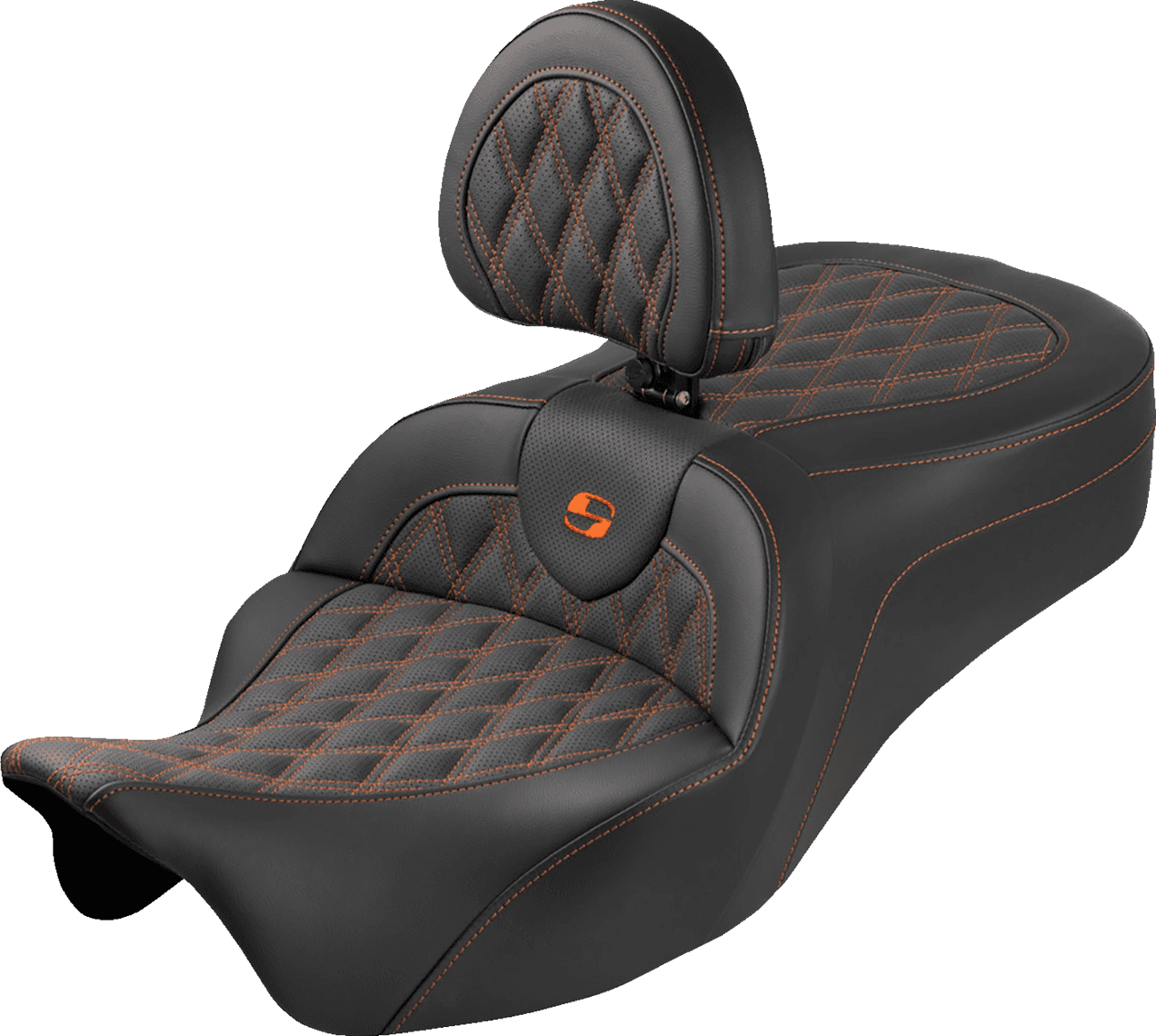 SADDLEMEN 0801-2355 Roadsofa™ King Seat - With Backrest - Lattice Stitch - Orange Stitch - FLH/FLT '08-'25