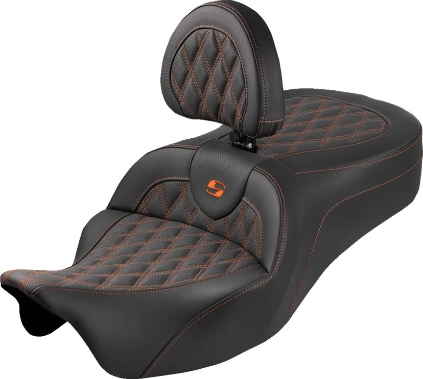 SADDLEMEN 0801-2355 Roadsofa™ King Seat - With Backrest - Lattice Stitch - Orange Stitch - FLH/FLT '08-'25