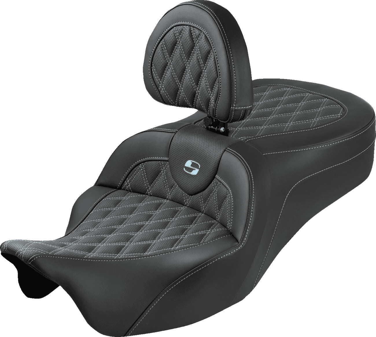 SADDLEMEN 0801-2357 Roadsofa™ King Seat - With Backrest - Lattice Stitch - Silver Stitch - FLH/FLT '08-'25