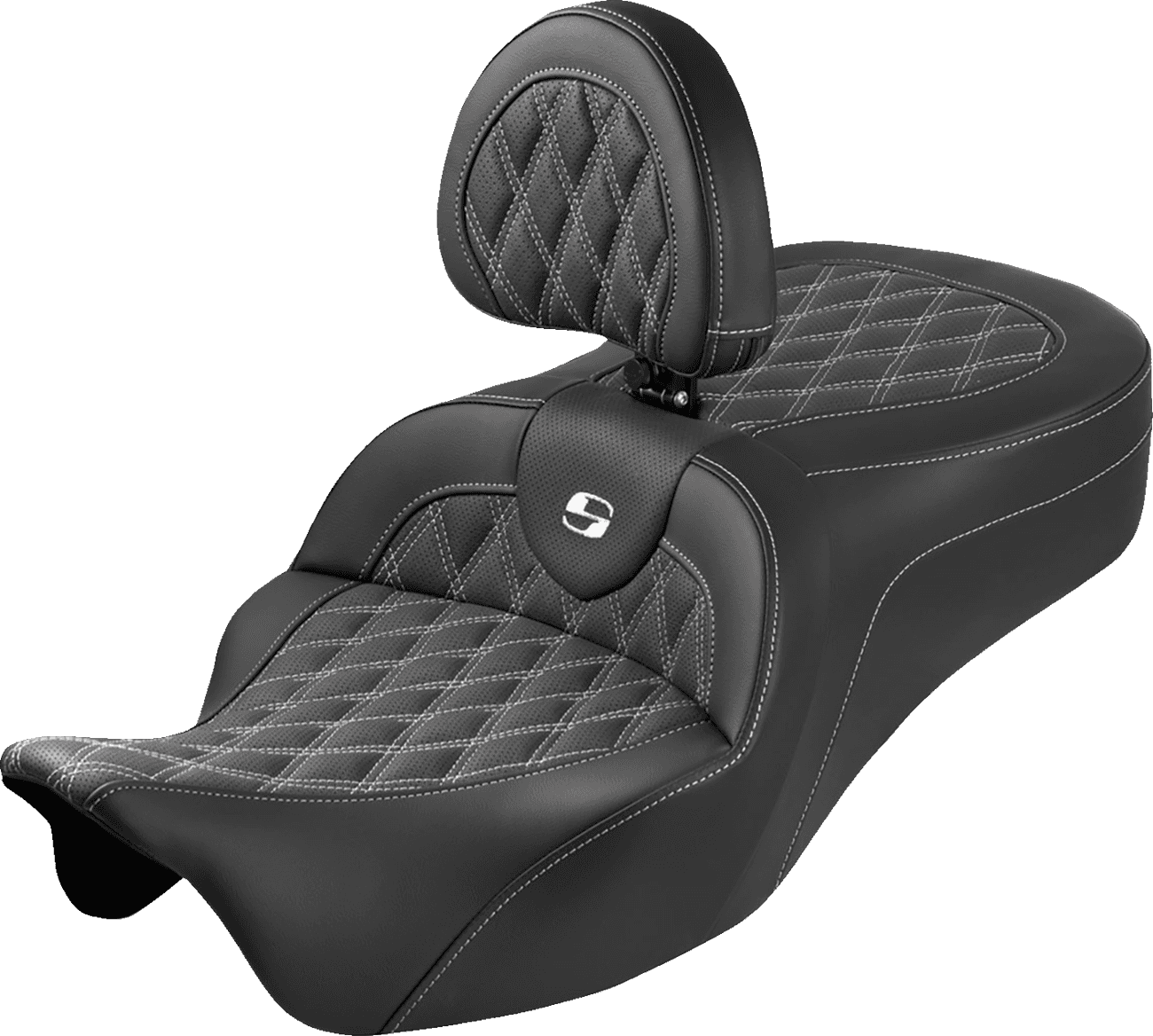 SADDLEMEN 0801-2358 Roadsofa™ King Seat - With Backrest - Lattice Stitch - White Stitch - FLH/FLT '08-'25