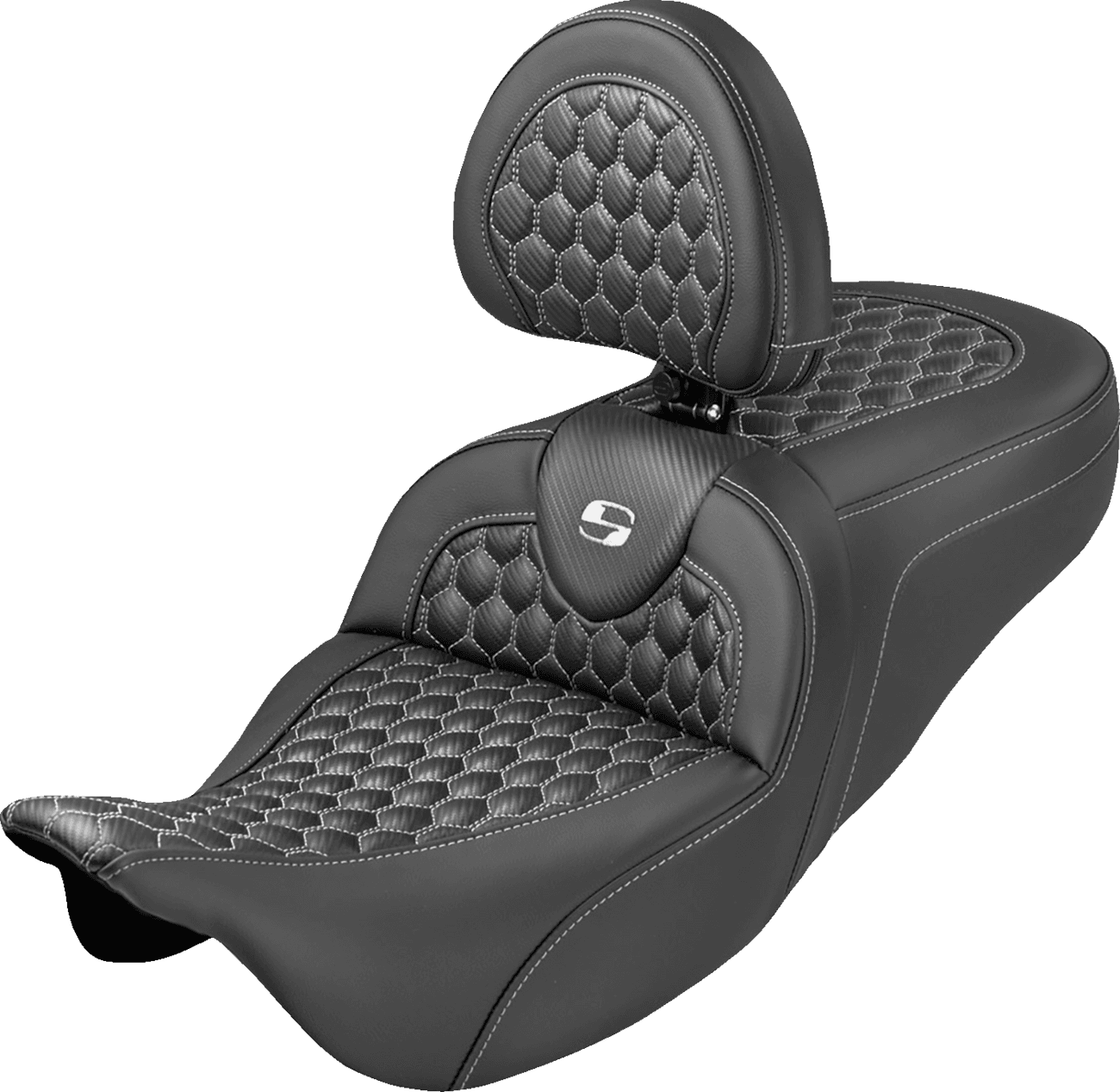 SADDLEMEN 0801-2365 Roadsofa™ Seat - Honeycomb Stitch - White Stitch - With Backrest - FLH/FLT '08-'25