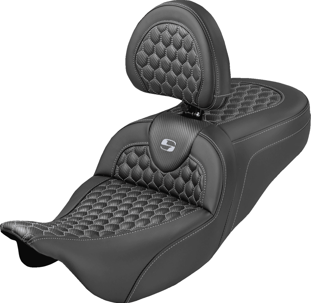 SADDLEMEN 0801-2372 Extended Reach RoadSofa™ Seat - Honeycomb - Silver Stitch - with Backrest - FLH/FLT '08-'25