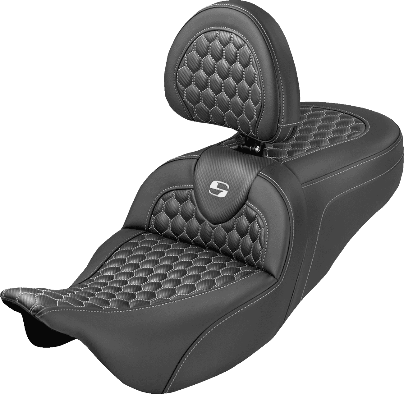 SADDLEMEN 0801-2373 Extended Reach RoadSofa™ Seat - Honeycomb - White Stitch - with Backrest - FLH/FLT '08-'25