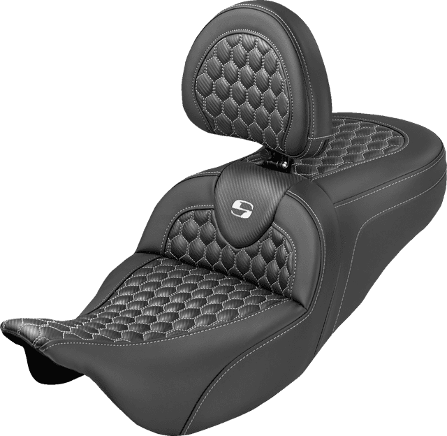 SADDLEMEN 0801-2373 Extended Reach RoadSofa™ Seat - Honeycomb - White Stitch - with Backrest - FLH/FLT '08-'25