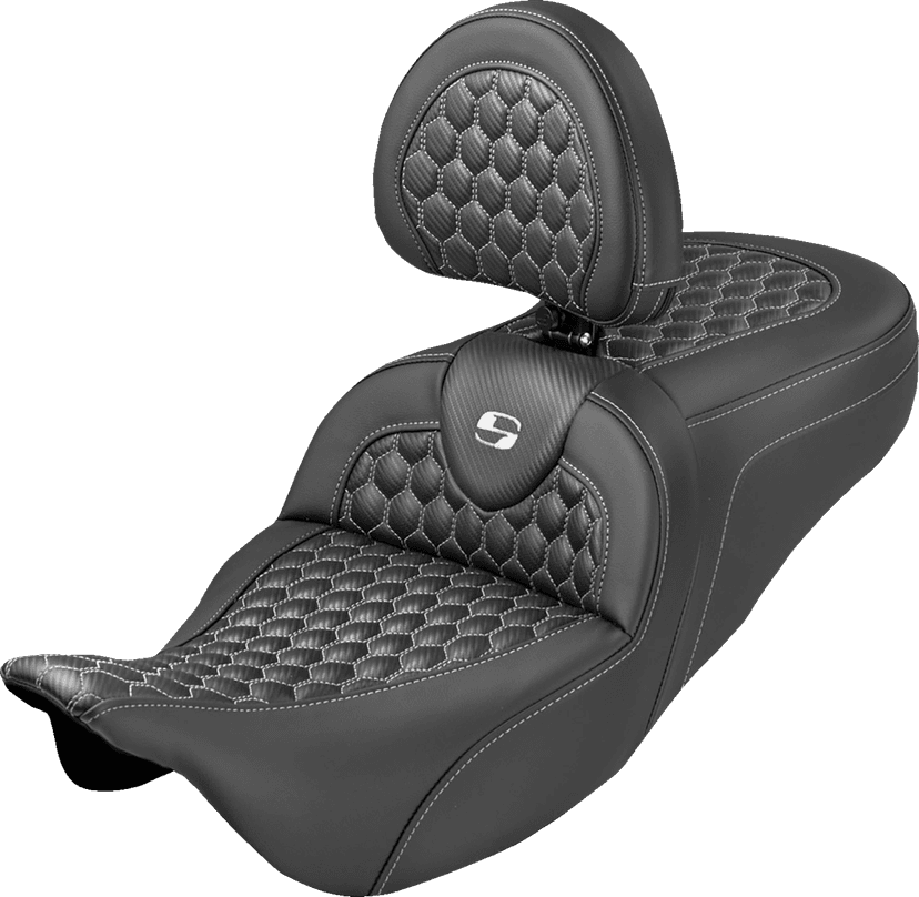 SADDLEMEN 0801-2373 Extended Reach RoadSofa™ Seat - Honeycomb - White Stitch - with Backrest - FLH/FLT '08-'25