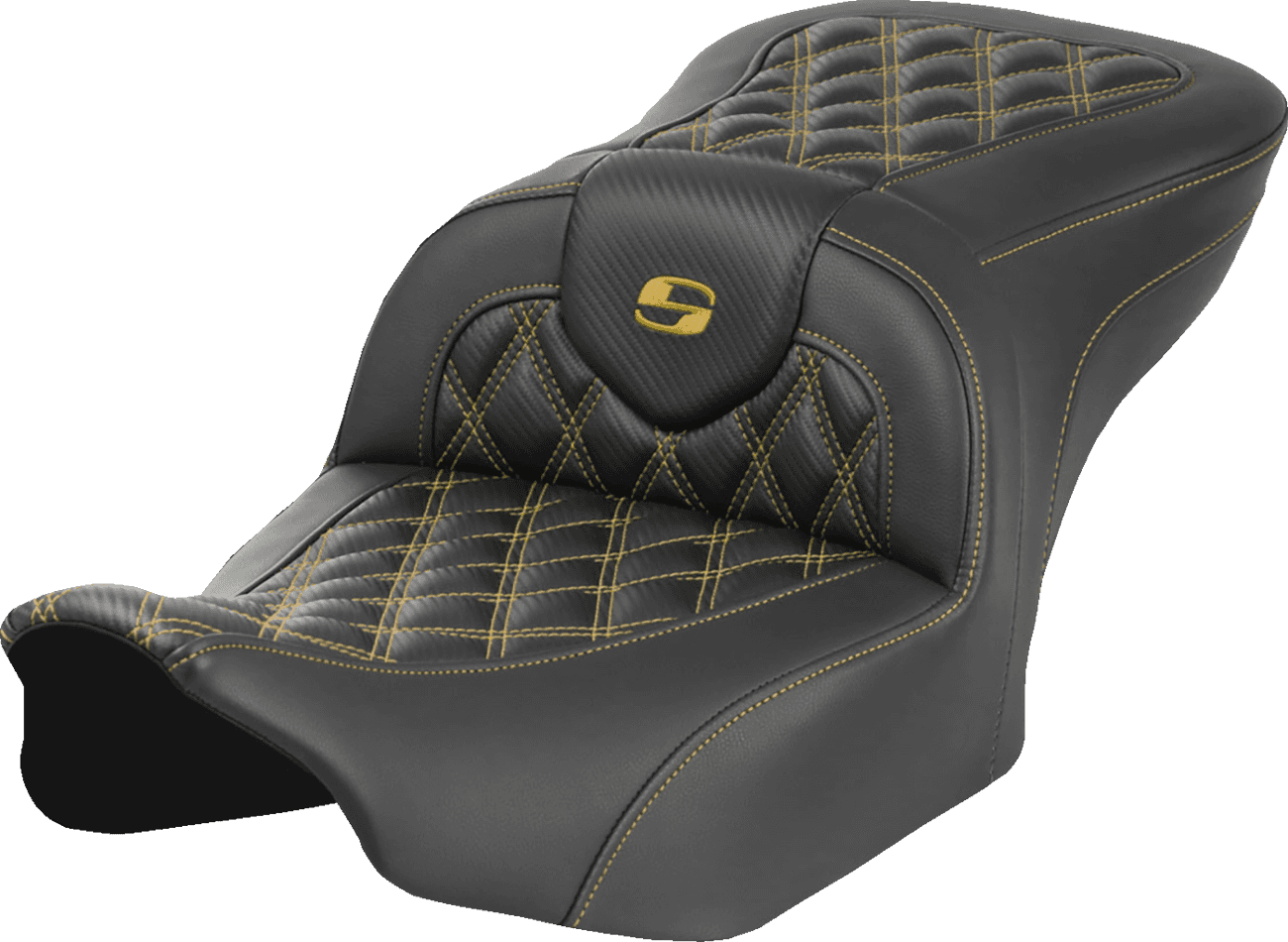 SADDLEMEN 08012384 Roadsofa™ Seat - Carbon Fiber - without Backrest - Gold Lattice Stitch - FLH/FLT '23-'25