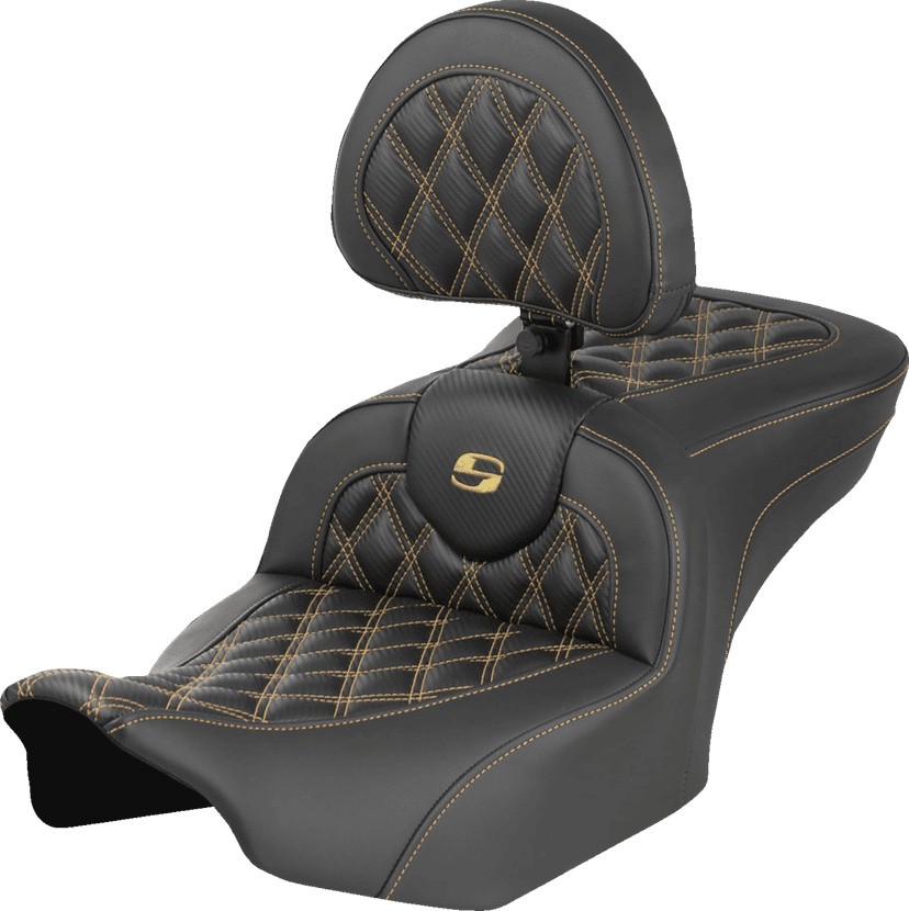 SADDLEMEN 08012385 Roadsofa™ Seat - Carbon Fiber - with Backrest - Gold Lattice Stitch - FLH/FLT '23-'25