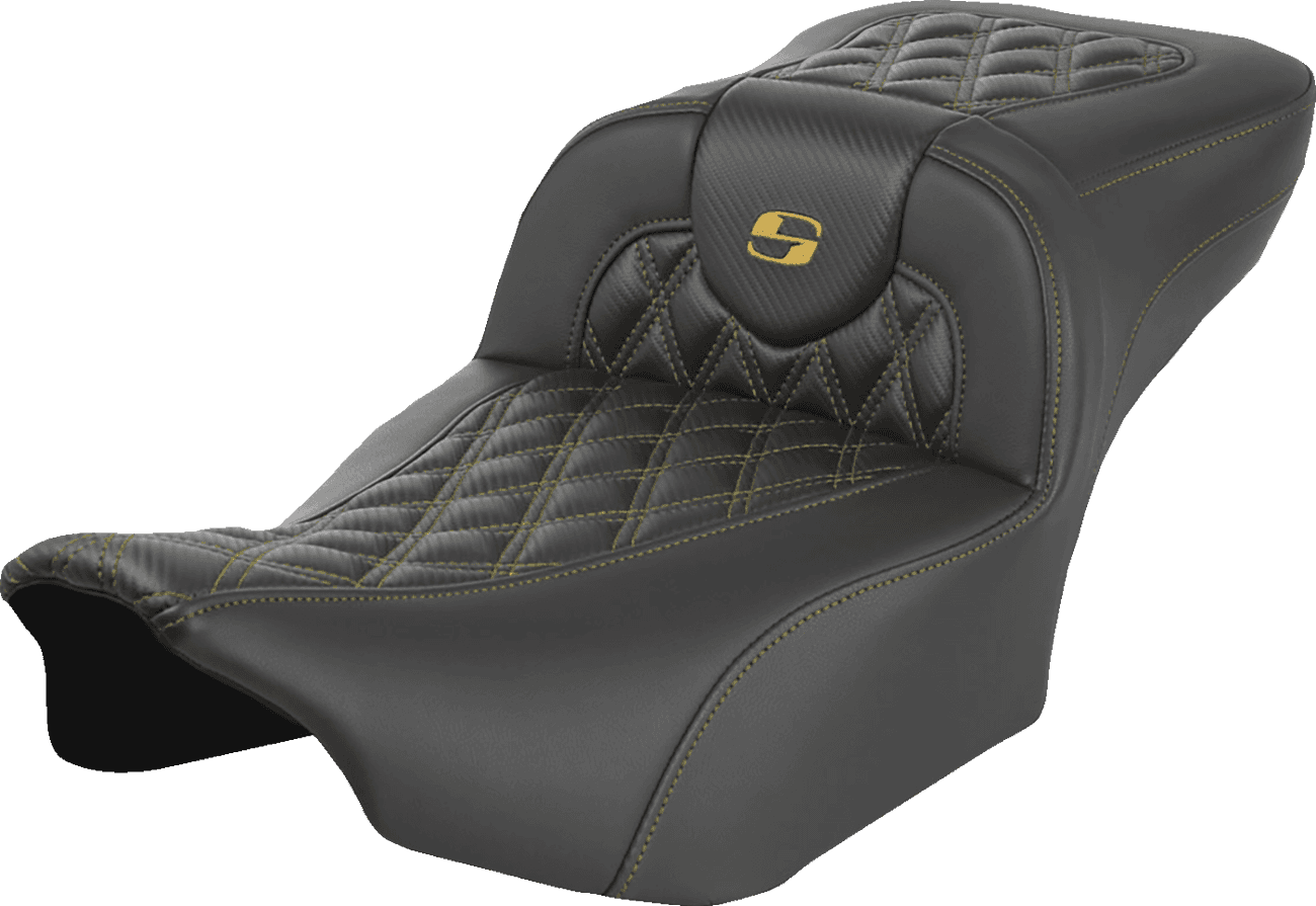 SADDLEMEN 08012386 Extended Reach Roadsofa™ Seat - Carbon Fiber - without Backrest - Gold Lattice Stitch - FL '23-'25