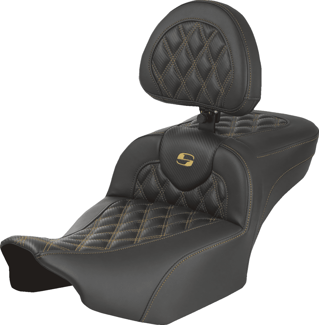 SADDLEMEN 08012387 Extended Reach Roadsofa™ Seat - Carbon Fiber - with Backrest - Gold Lattice Stitch - FLH/FLT '23-'25