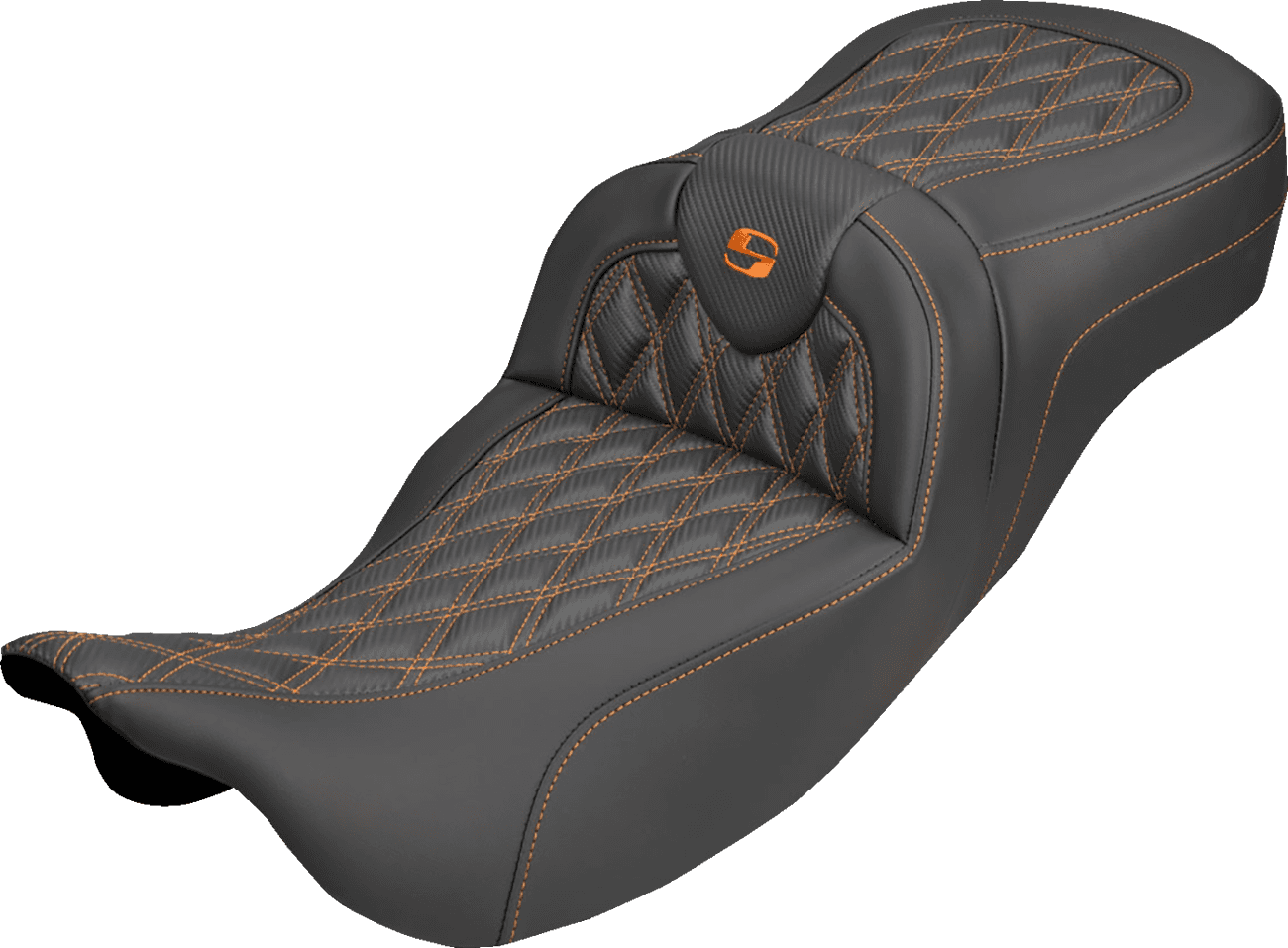 SADDLEMEN 08012390 Extended Reach Roadsofa™ Carbon Fiber Seat - Lattice - Orange Stitch - Without Backrest - FL '08-'25