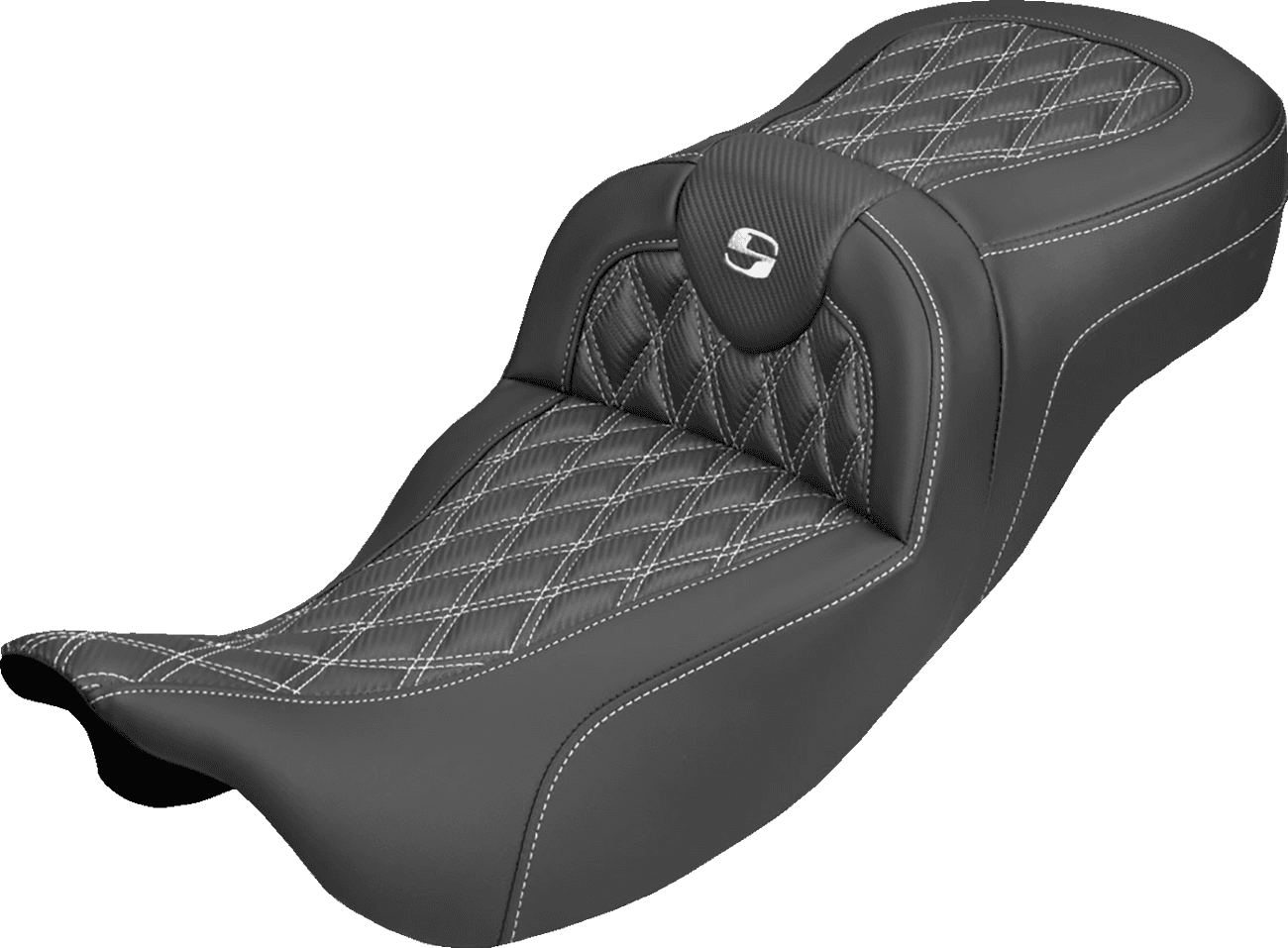 SADDLEMEN 08012393 Extended Reach Roadsofa™ Carbon Fiber Seat - Lattice - White Stitch - Without Backrest - FL '08-'25