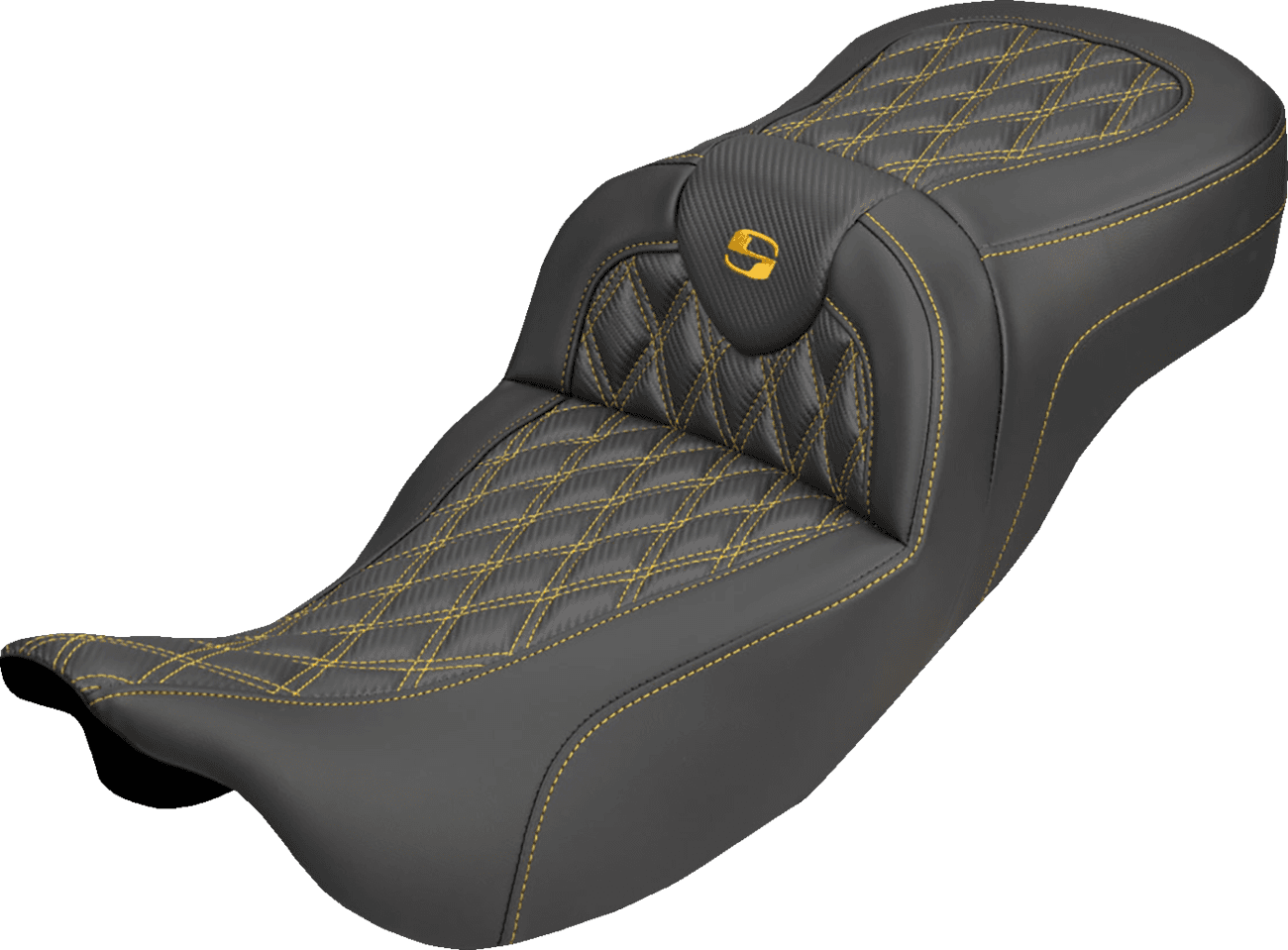 SADDLEMEN 08012394 Extended Reach Roadsofa™ Carbon Fiber Seat - Lattice - Gold Stitch - Without Backrest - FL '08-'25