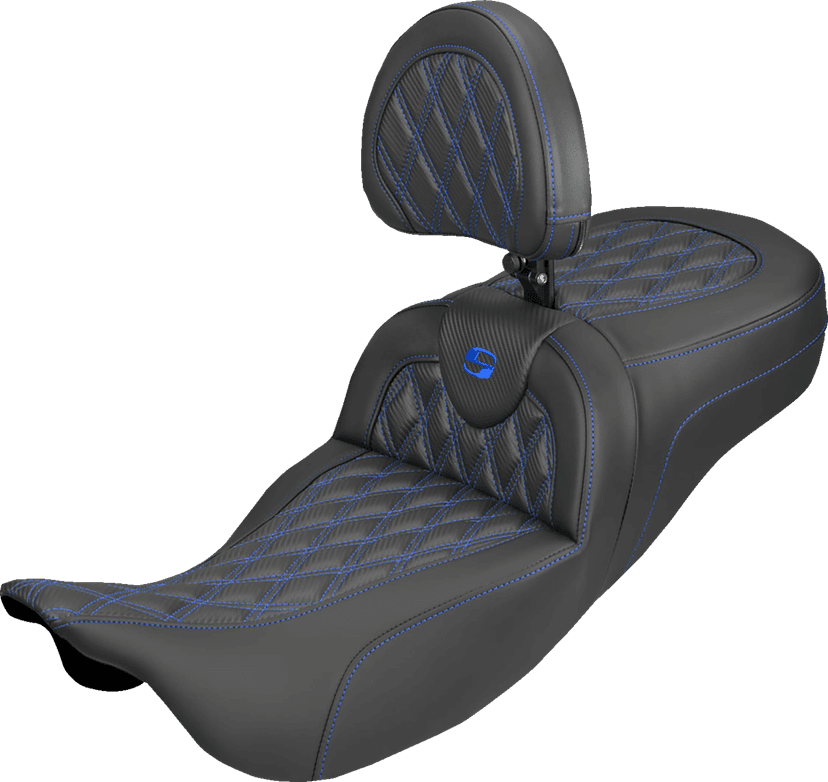 SADDLEMEN 08012395 Extended Reach Roadsofa™ Carbon Fiber Seat - Lattice - Blue Stitch - With Backrest - FL '08-'25