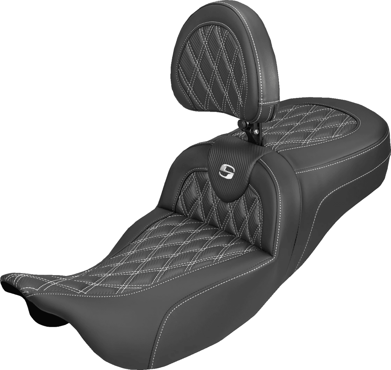 SADDLEMEN 08012400 Extended Reach Roadsofa™ Carbon Fiber Seat - Lattice - White Stitch - With Backrest - FL '08-'25