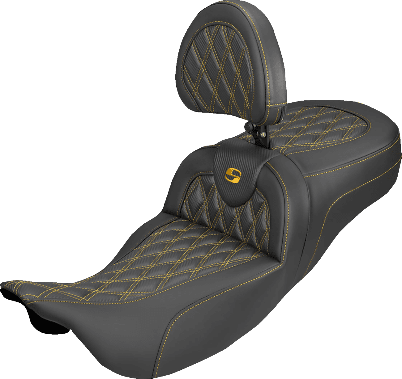 SADDLEMEN 08012401 Extended Reach Roadsofa™ Carbon Fiber Seat - Lattice - Gold Stitch - With Backrest - FL '08-'25