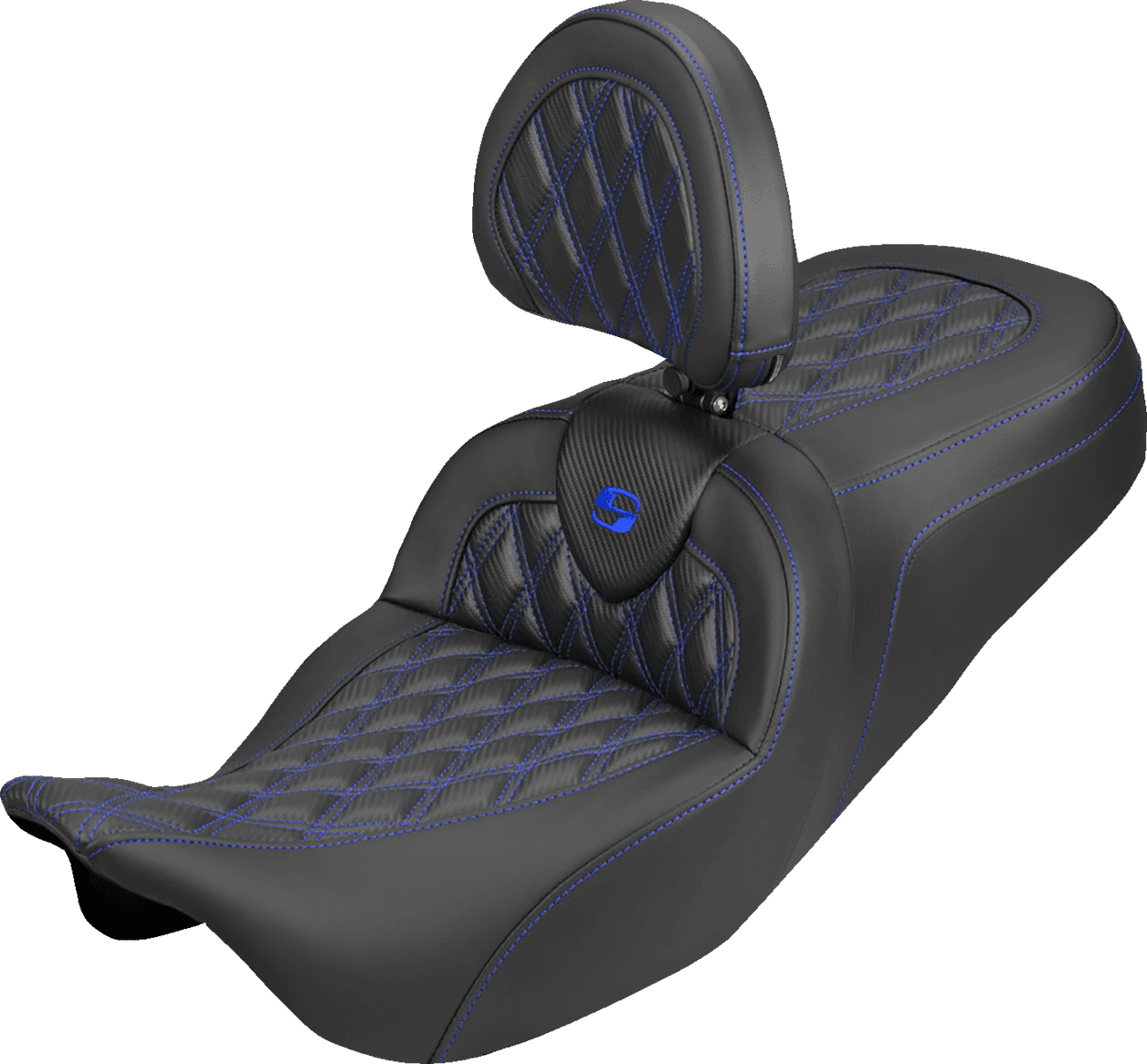 SADDLEMEN 08012409 Roadsofa™ Carbon Fiber Seat - Lattice - Blue Stitch - With Backrest - FLH/FLT '08-'25