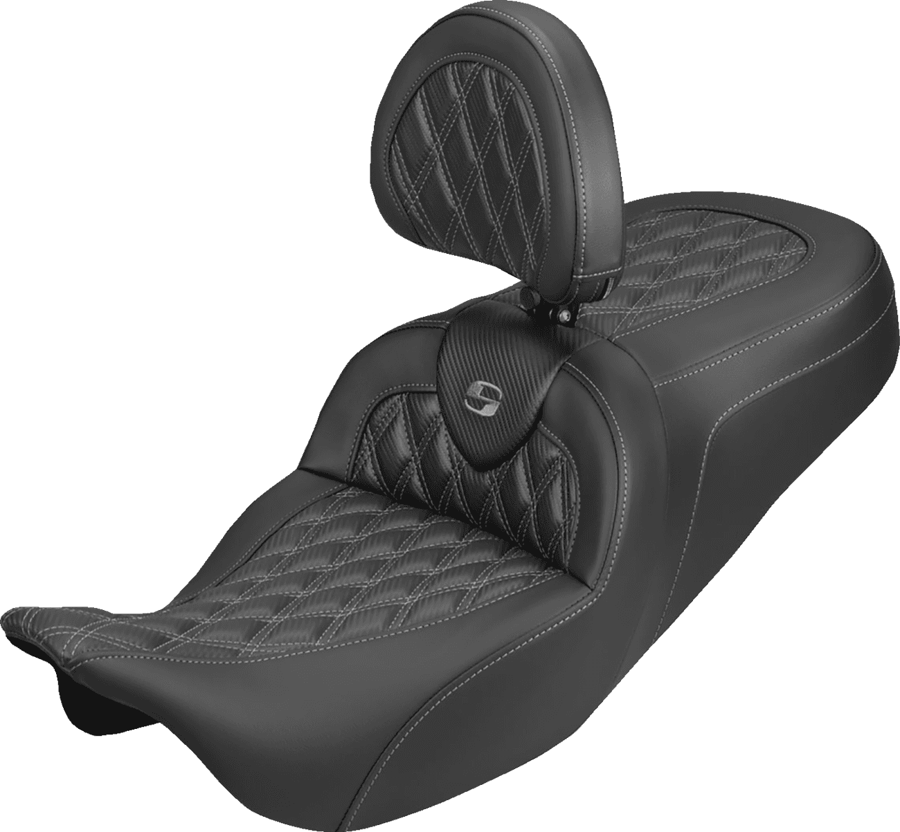 SADDLEMEN 08012410 Roadsofa™ Carbon Fiber Seat - Lattice - Gray Stitch - With Backrest - FLH/FLT '08-'25