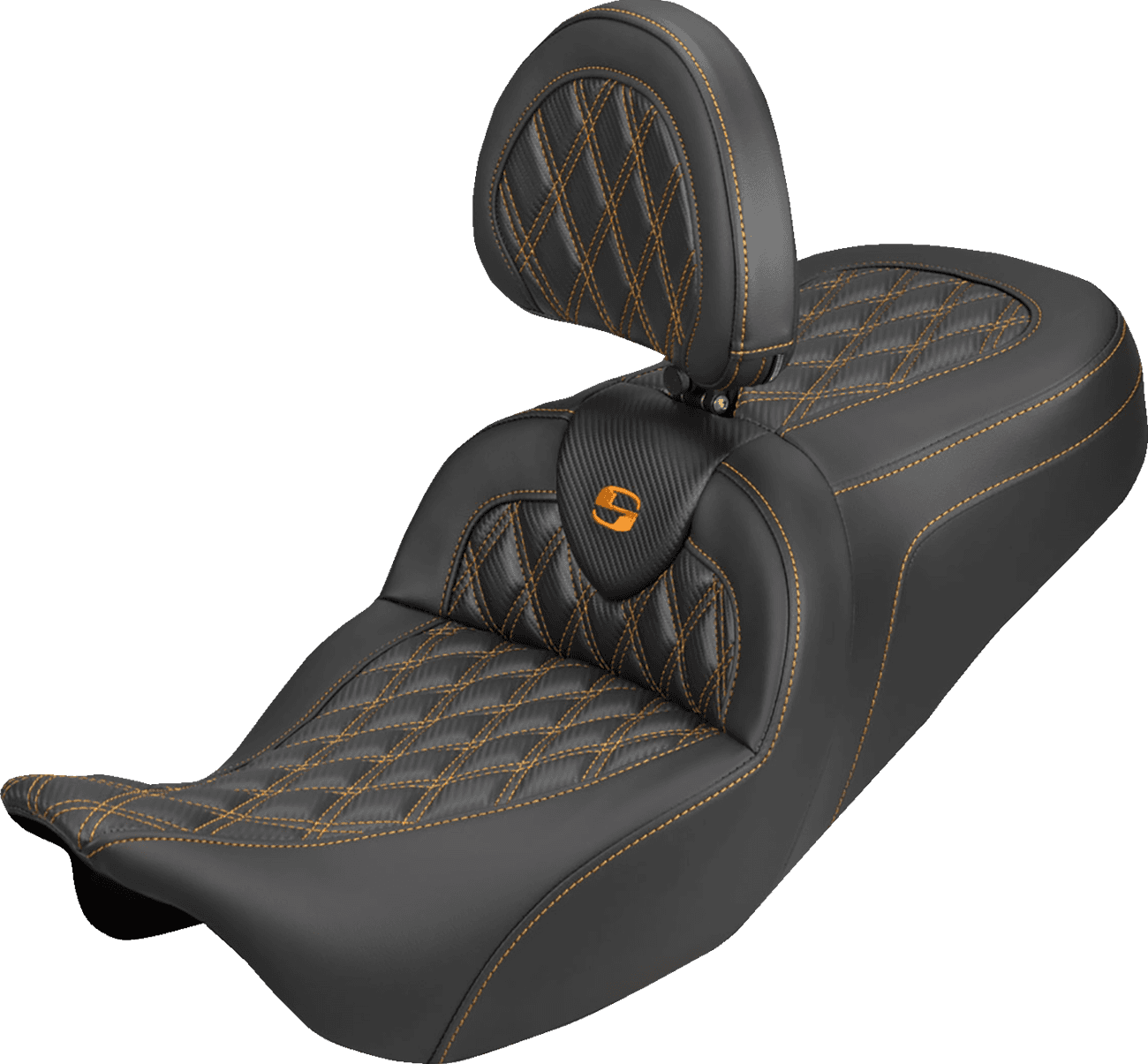 SADDLEMEN 08012411 Roadsofa™ Carbon Fiber Seat - Lattice - Orange Stitch - With Backrest - FLH/FLT '08-'25