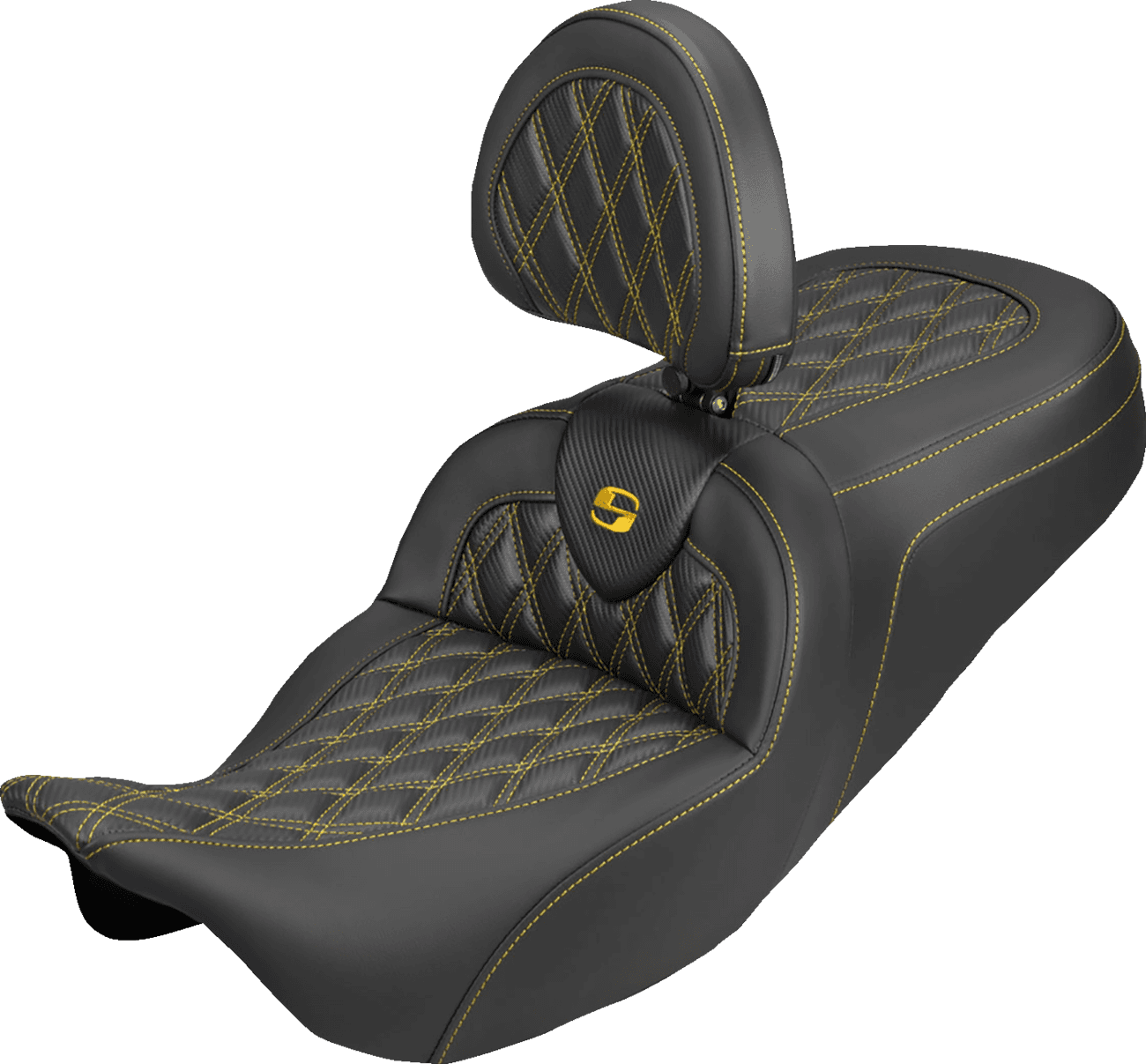 SADDLEMEN 08012415 Roadsofa™ Carbon Fiber Seat - Lattice - Gold Stitch - With Backrest - FLH/FLT '08-'25