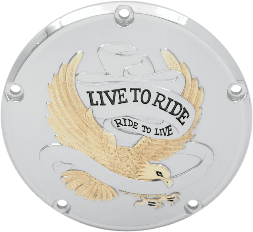 DRAG SPECIALTIES 1107-0158 Derby Cover - Live to Ride - 5-Hole - Chrome w/Gold Eagle - '99-'18 Big Twin