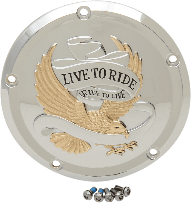DRAG SPECIALTIES 1107-0555 Derby Cover - Live to Ride - 5-Hole - Chrome w/Gold Eagle - '15-'26 Harley-Davidson — image 2 of 2