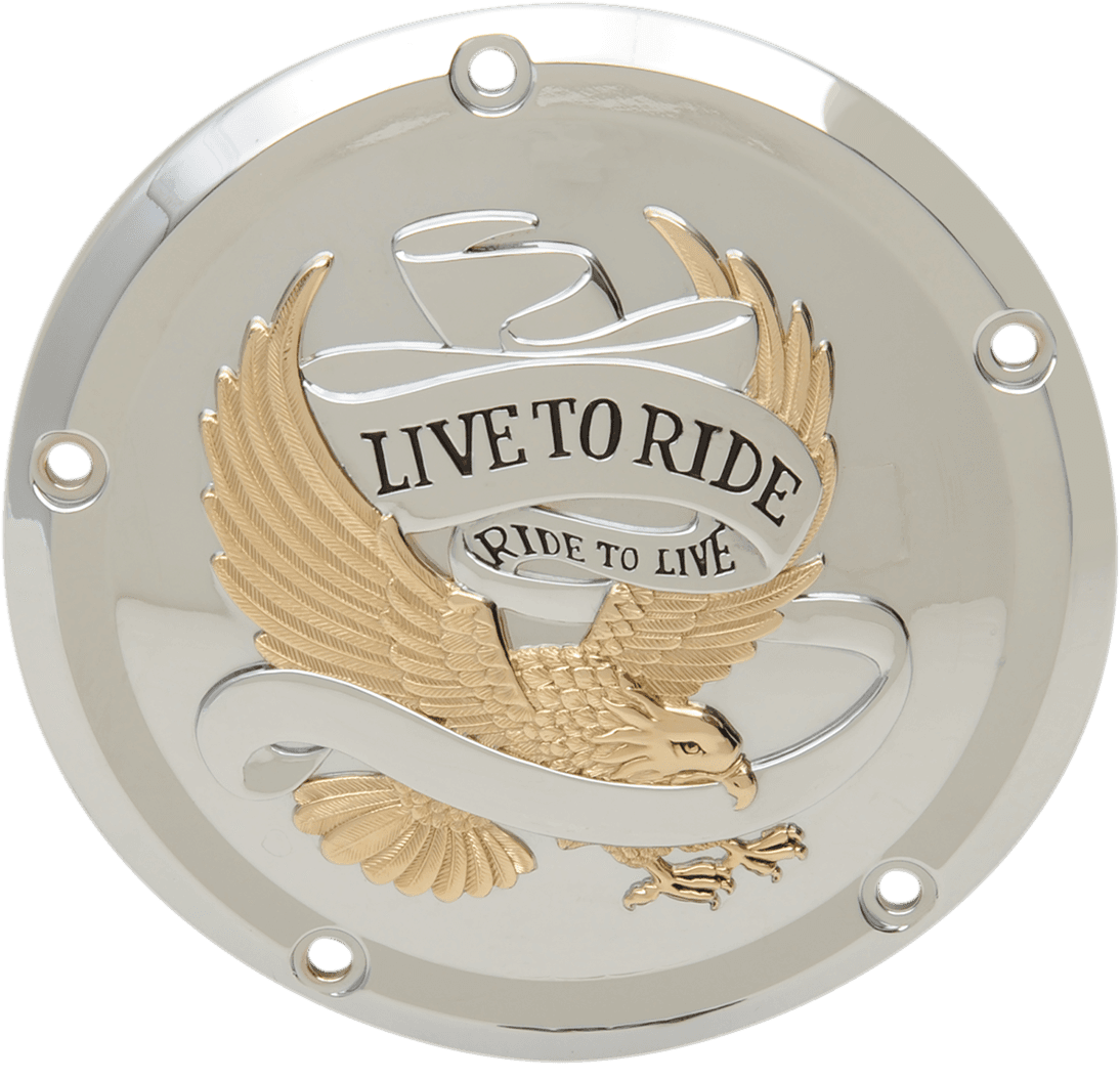 DRAG SPECIALTIES 1107-0555 Derby Cover - Live to Ride - 5-Hole - Chrome w/Gold Eagle - '15-'26 Harley-Davidson