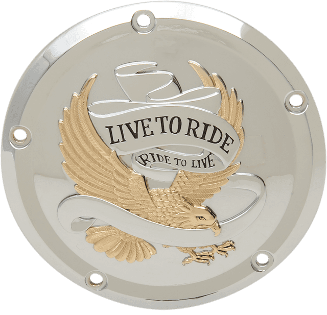 DRAG SPECIALTIES 1107-0555 Derby Cover - Live to Ride - 5-Hole - Chrome w/Gold Eagle - '15-'26 Harley-Davidson — image 1 of 2