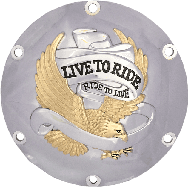 DRAG SPECIALTIES 1107-0630 Derby Cover - Live to Ride - 6-Hole - Chrome w/Gold Eagle - '04-'22 Sportster — image 1 of 2