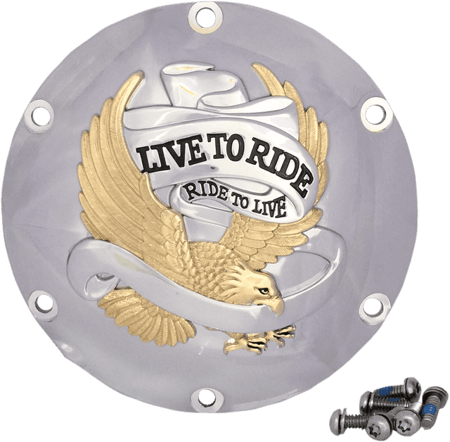 DRAG SPECIALTIES 1107-0630 Derby Cover - Live to Ride - 6-Hole - Chrome w/Gold Eagle - '04-'22 Sportster — image 2 of 2