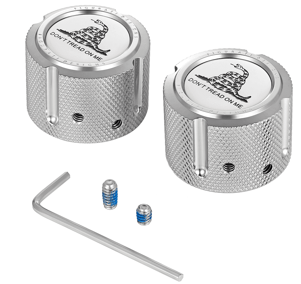 FIGURATI DESIGNS 0214-2151 Axle Nut Cover - Front - Stainless Steel - Don't Tread On Me - Silver