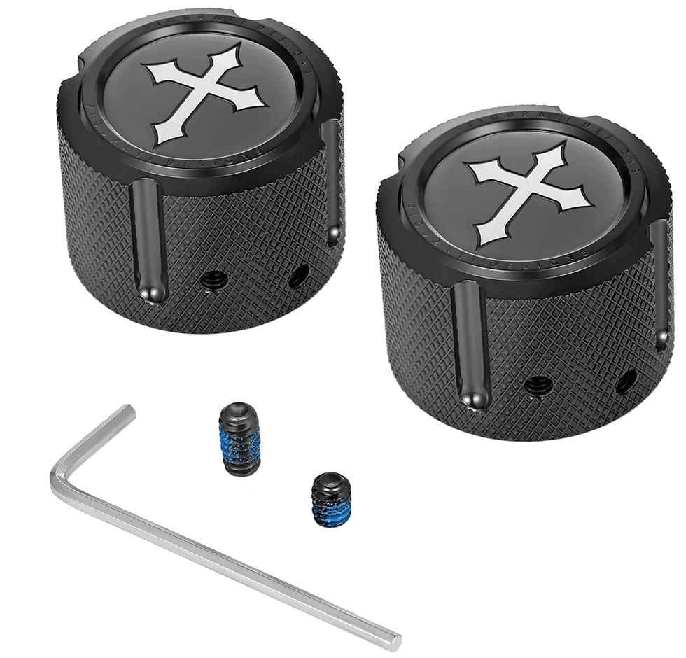 FIGURATI DESIGNS 0214-2154 Axle Nut Cover - Front - Stainless Steel - Cross - Black
