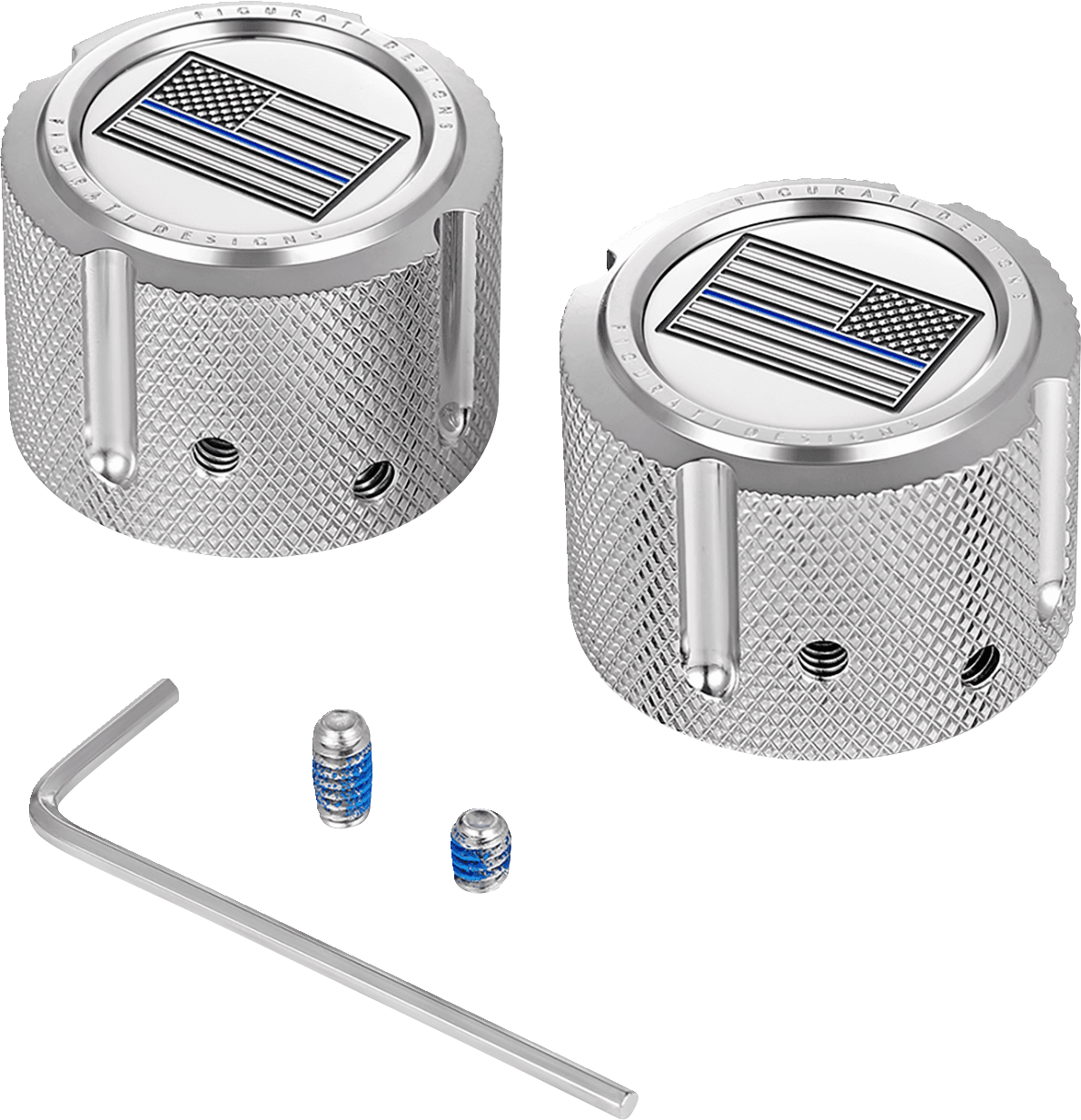 FIGURATI DESIGNS 0214-2159 Axle Nut Cover - Front - Stainless Steel - Blue Line Flag - Silver