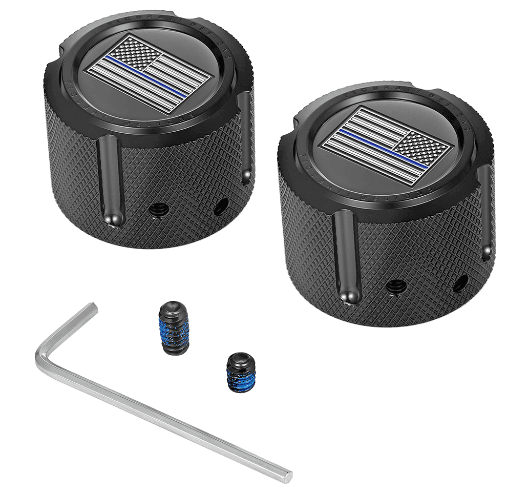 FIGURATI DESIGNS 0214-2160 Axle Nut Cover - Front - Stainless Steel - Stainless Steel - Blue Line Flag - Black