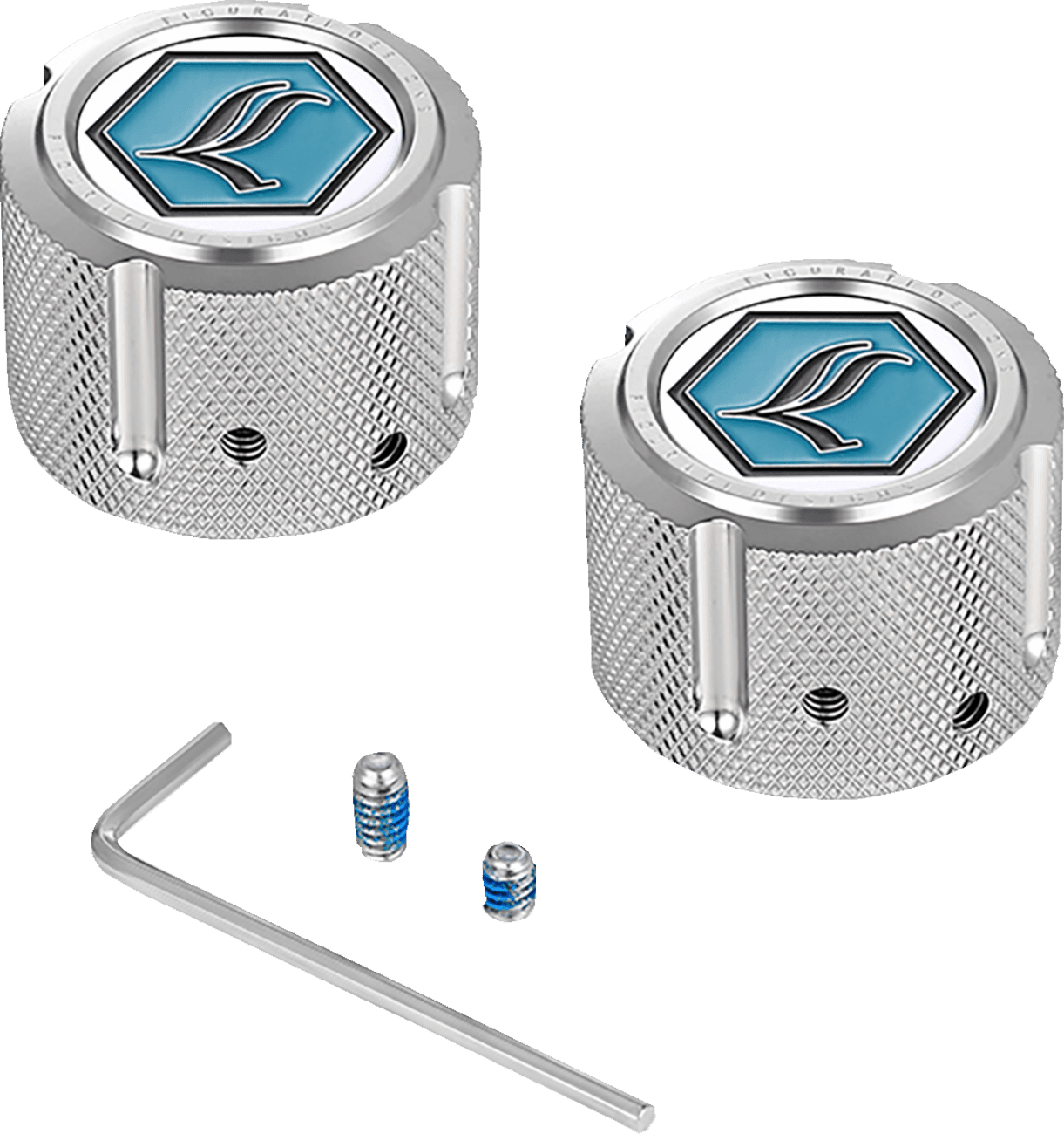 FIGURATI DESIGNS 0214-2894 Axle Nut Cover - Front - Stainless Steel - Legends Suspension Logo - Silver