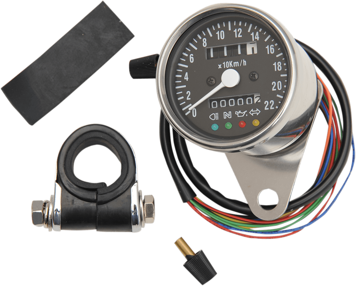 DRAG SPECIALTIES 2210-0207 KPH Mini Mechanical Speedometer with LED Indicators - Black Face - 2:1 Ratio - 2.4"