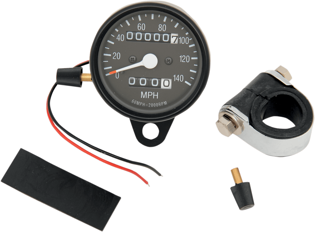 DRAG SPECIALTIES 2210-0251 2.4" MPH Mini LED Mechanical Speedometer/Indicators/Trip - Black Housing - Black Face - 2:1