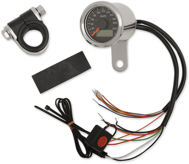 DRAG SPECIALTIES 2210-0418 Mini Programmable Speedometer with Indicator Lights - Stainless Steel - KPH - Black Face