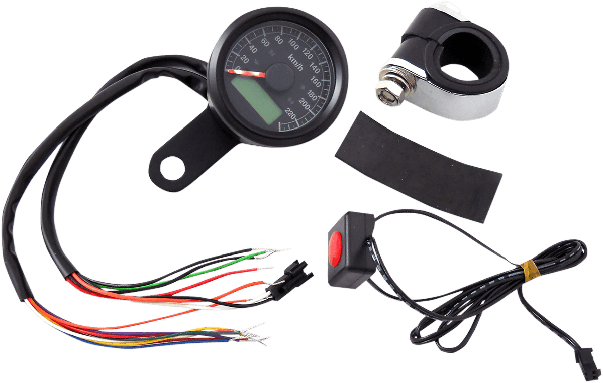 DRAG SPECIALTIES 2210-0422 Mini Programmable Speedometer with Indicator Lights - Gloss Black - KPH - Black Face